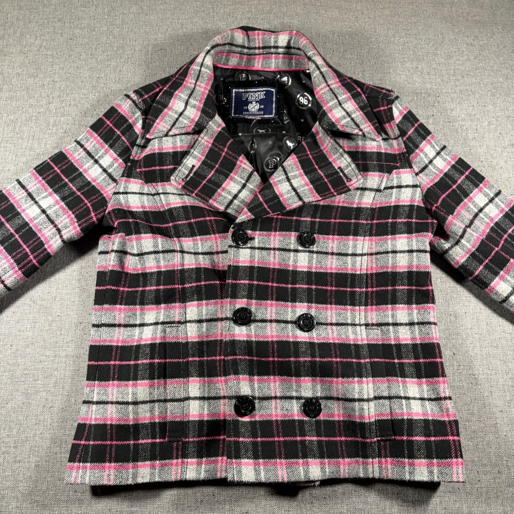 Victoria's Secret PINK Pea Coat Women Medium Pink Black Plaid Wool Blend Jacket